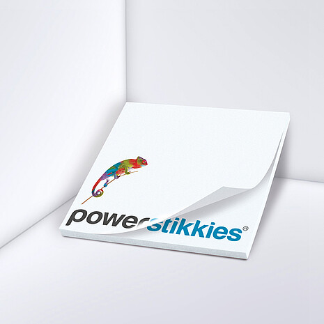 Weißer Haftnotizblock mit Aufdruck "Powerstikkies" und Chamäleon