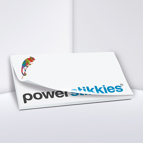Weißer Haftnotizblock mit Aufdruck "Powerstikkies" und Chamäleon