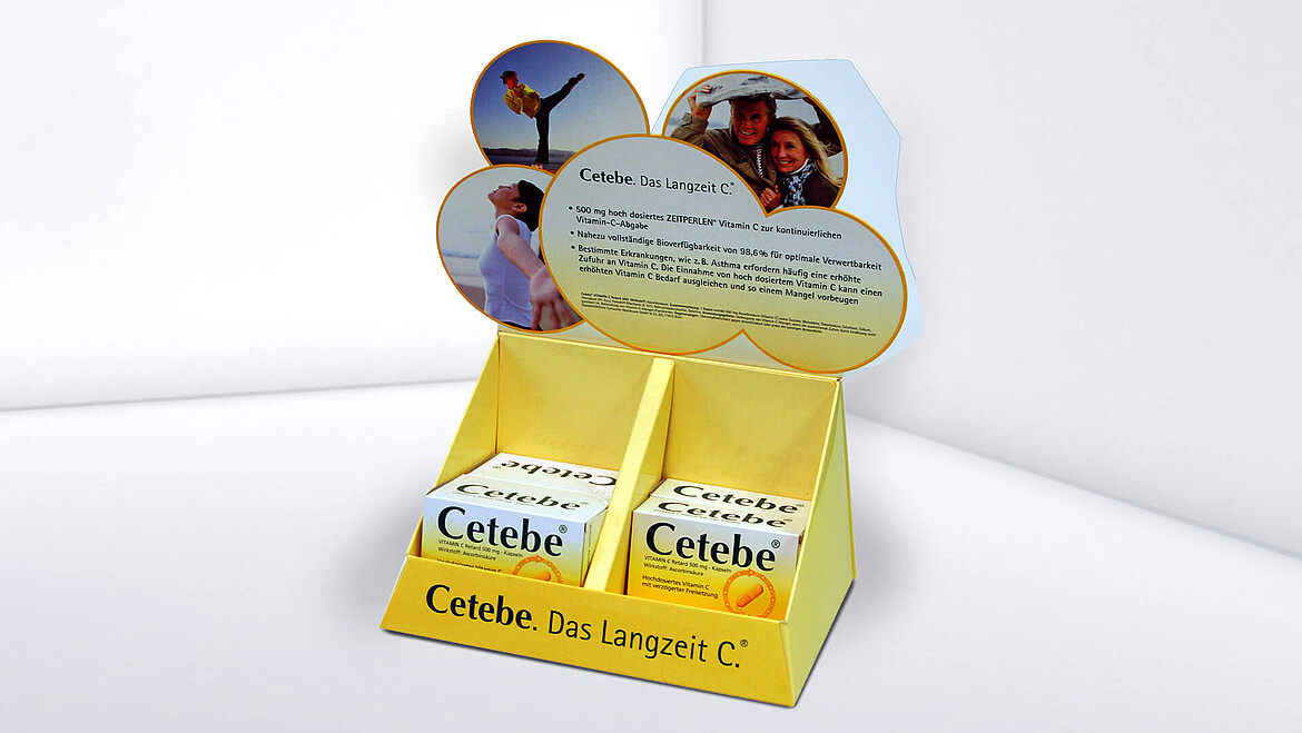 Bedruckter Aufsteller mit zwei Fächern für Produkt-Faltschachteln