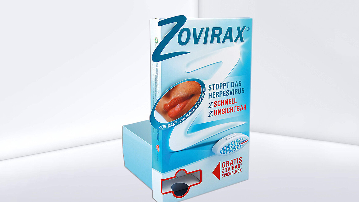 Bedruckter Aufsteller mit kleinem Ausgabefach für Produktproben