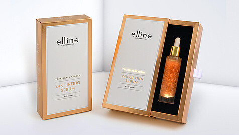 Weiß-goldene Verpackung für kosmetisches Serum zum Rausziehen