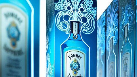 Leuchtende Verpackung für Bombay Gin in blau