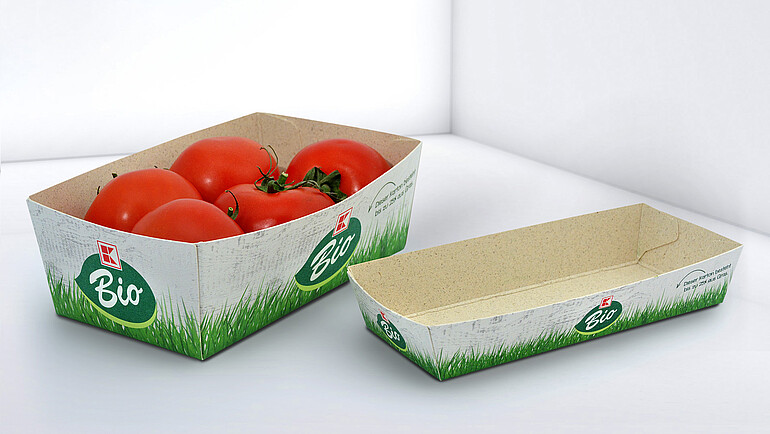 Schale aus Karton in Natur-Look mit Tomaten gefüllt