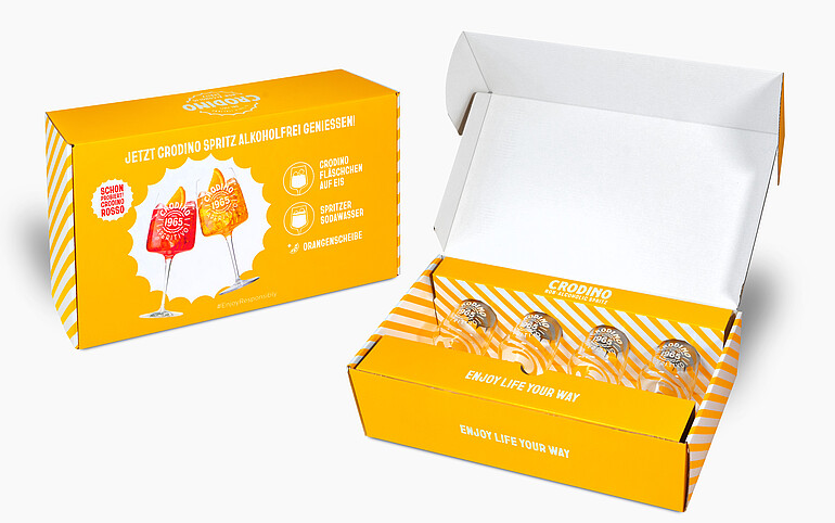 Hochwertige Präsentation beim Auspacken (Crodino): Die Verpackungslösung verbindet markengerechtes Design mit funktionaler Schutzwirkung. (c) Karl Knauer KG