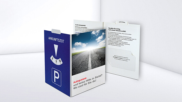 Parkscheibe zum Aufklappen mit Text bedruckt